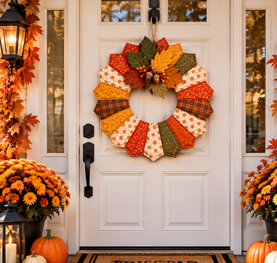 Autumn patchwork wreath sewing pattern on a white front door with mums and pumpkins