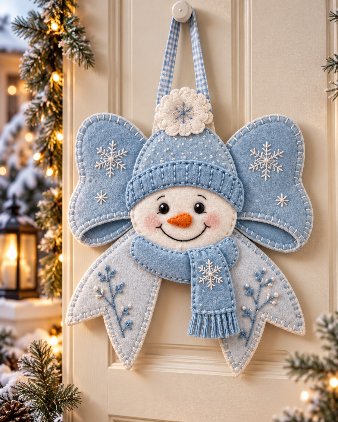 Blue felt snowman angel door hanging on a cream door