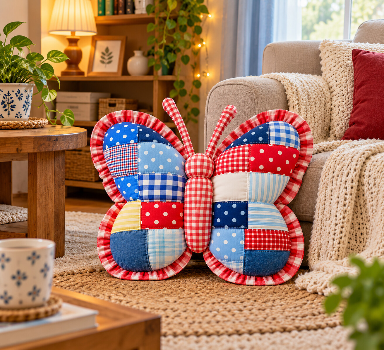 Butterfly pillow with ruffled edge and stuffed antennae on a rug