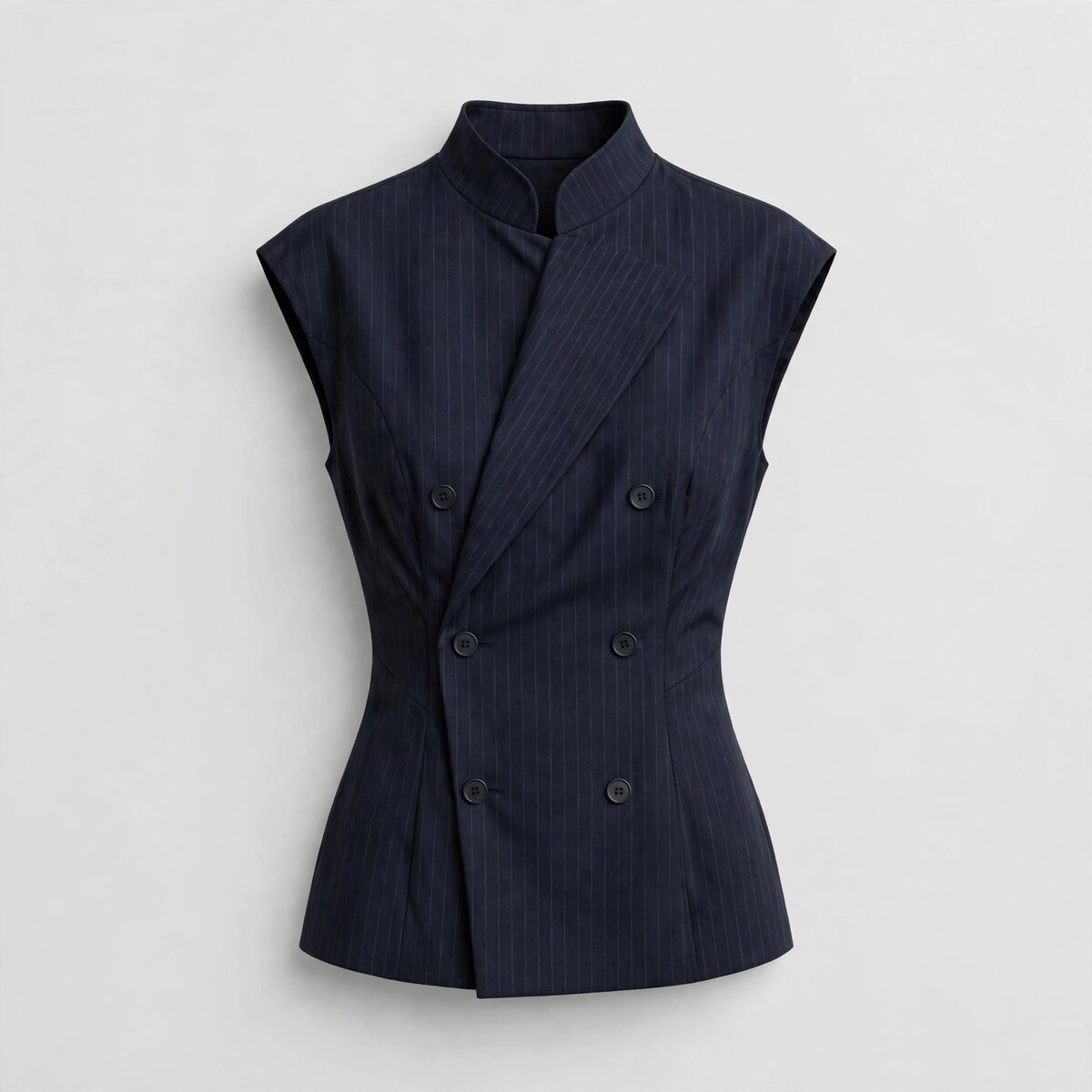 Navy pinstripe double-breasted high-collar sleeveless vest