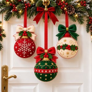 Felt Christmas ball ornaments hanging on a white door with garland