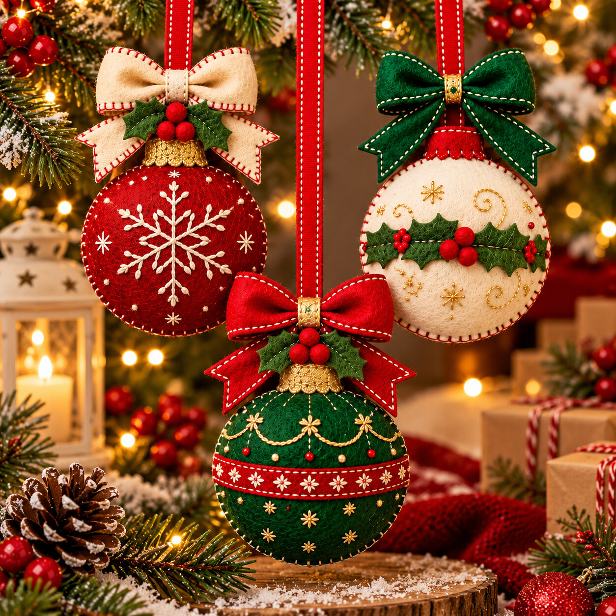 Red snowflake, cream holly and green felt Christmas ball ornaments