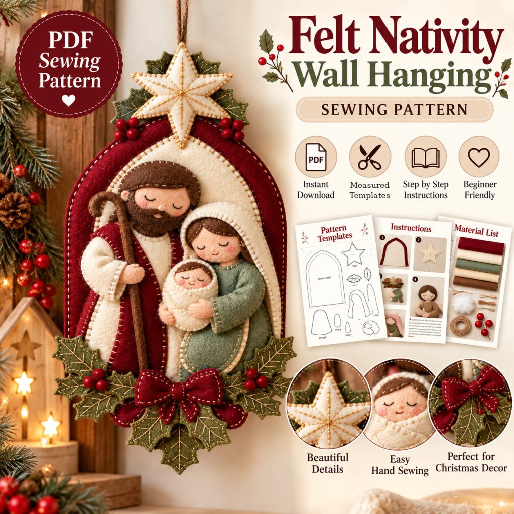 Felt Nativity wall hanging sewing pattern with Joseph, Mary and baby Jesus
