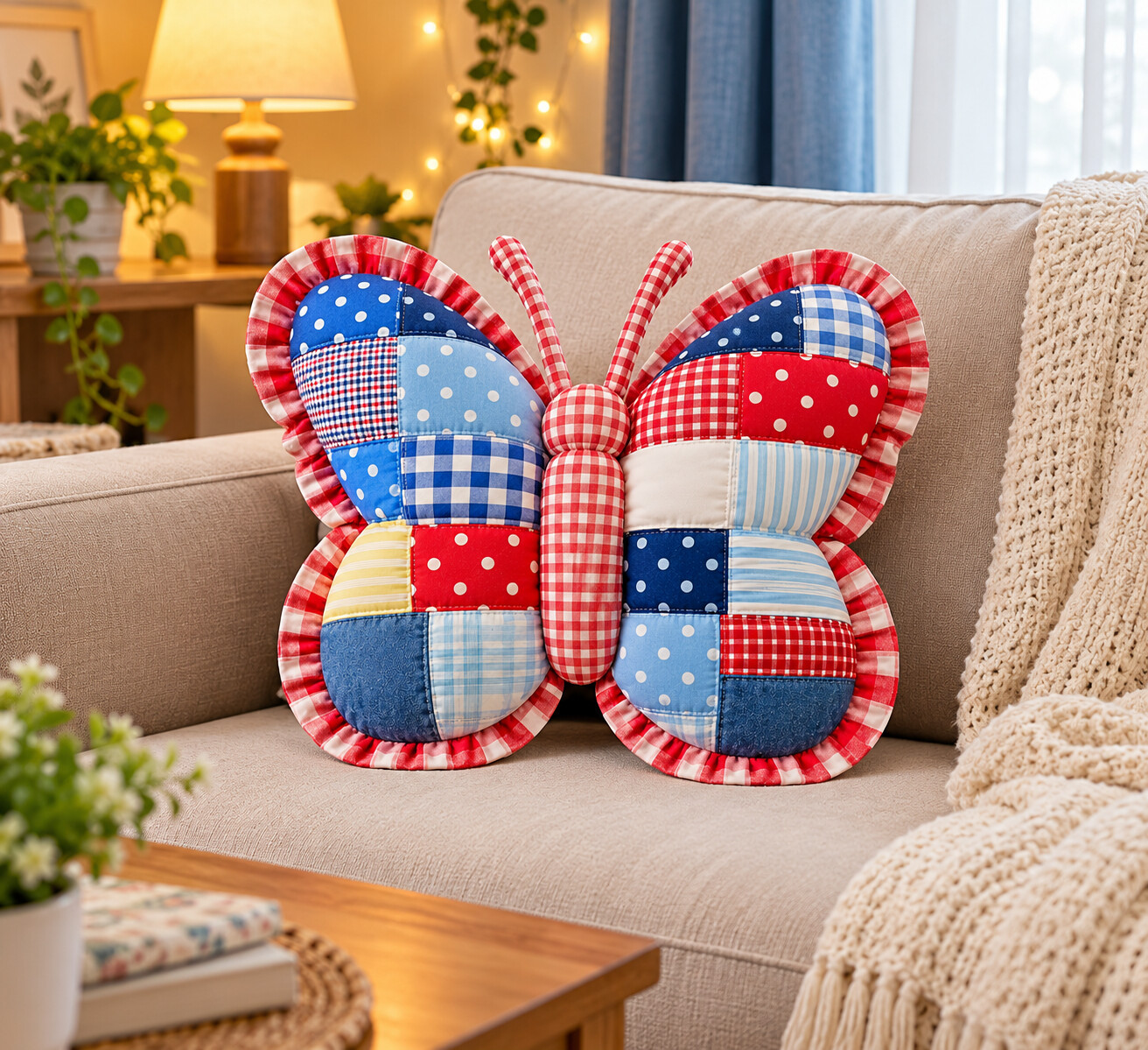 Red and blue gingham butterfly pillow on a beige sofa