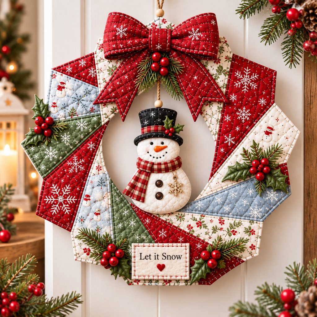 Let It Snow snowman wreath sewing pattern on a white door