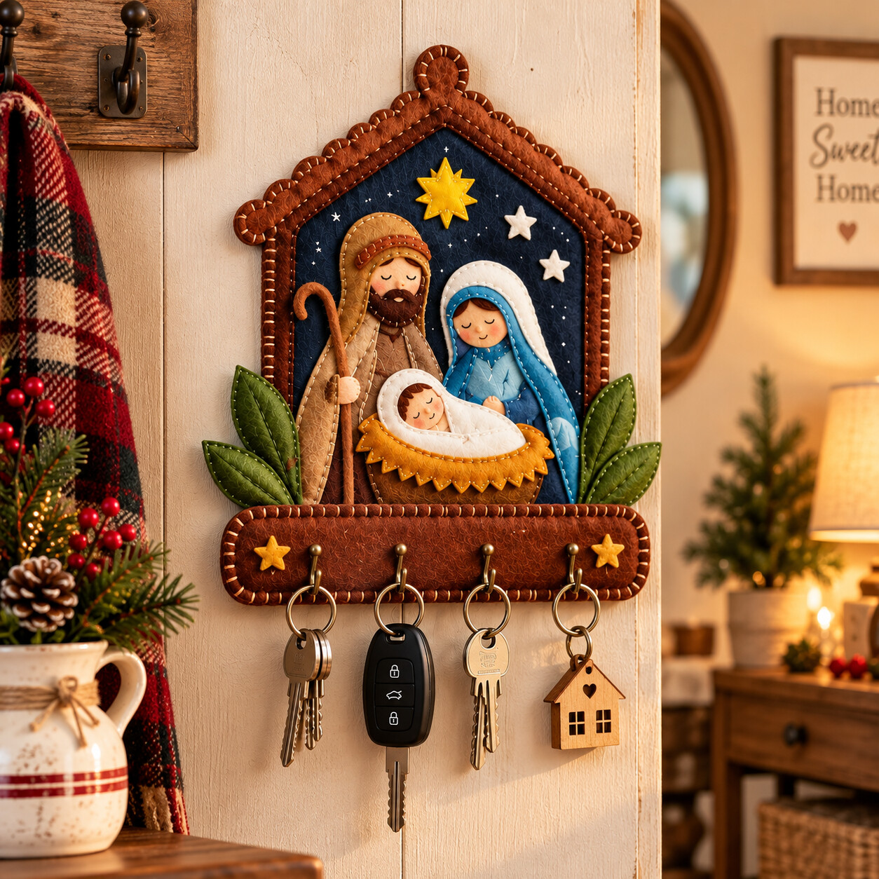 Nativity felt key holder sewing pattern with Mary, Joseph and baby Jesus and keys on hooks