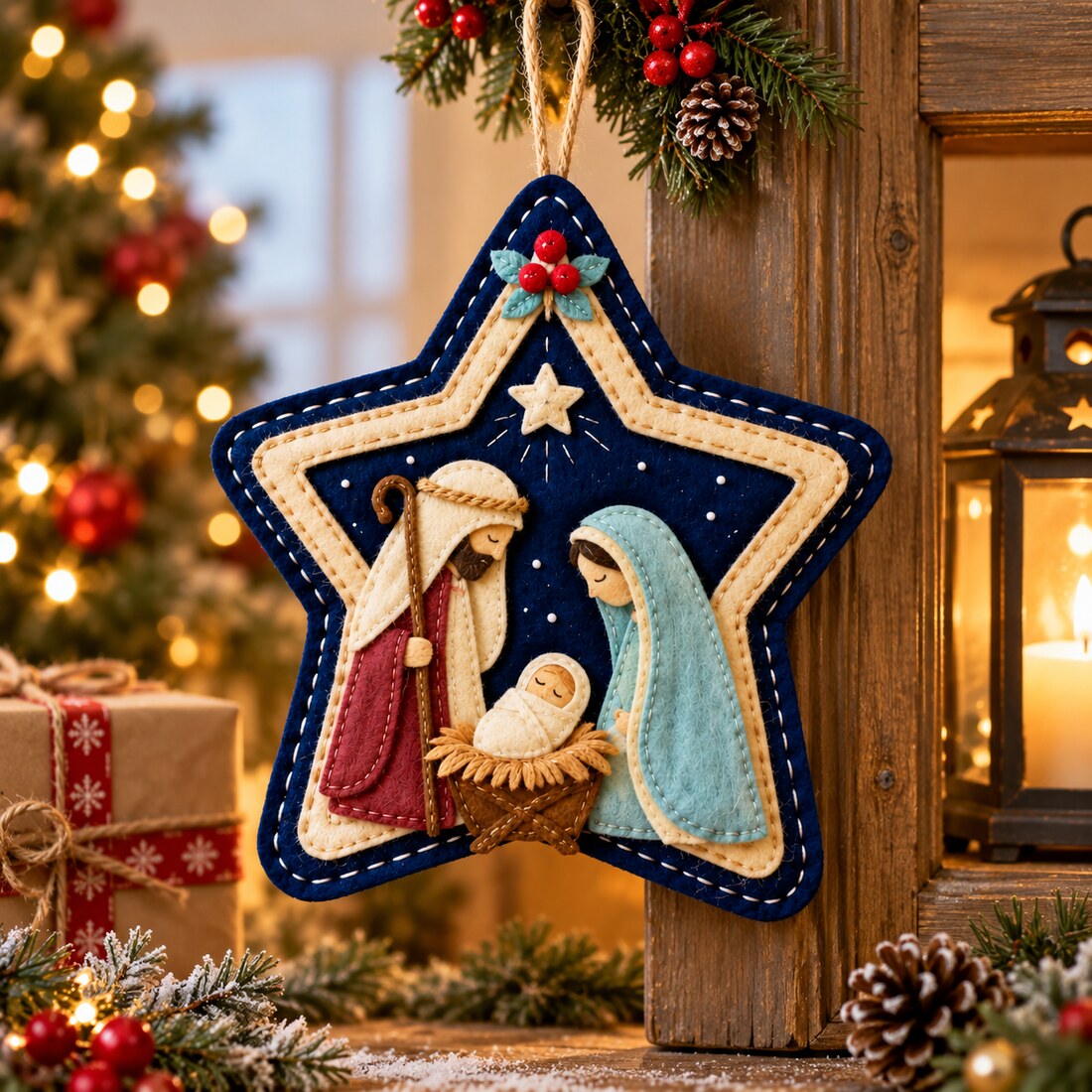 Felt nativity star ornament with Mary, Joseph and baby Jesus hanging by a lantern