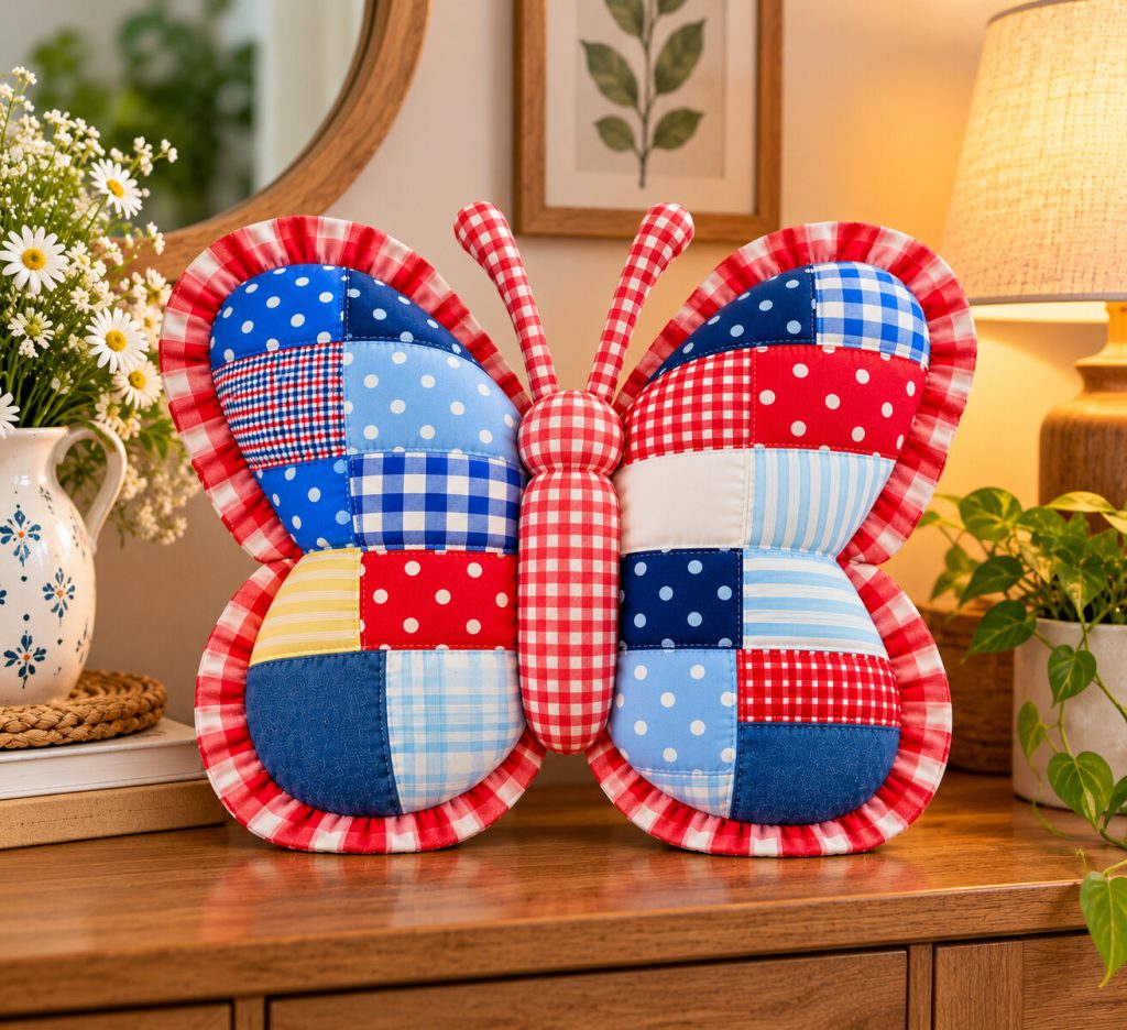 Patchwork butterfly pillow sewing pattern with gingham ruffle on a wooden dresser