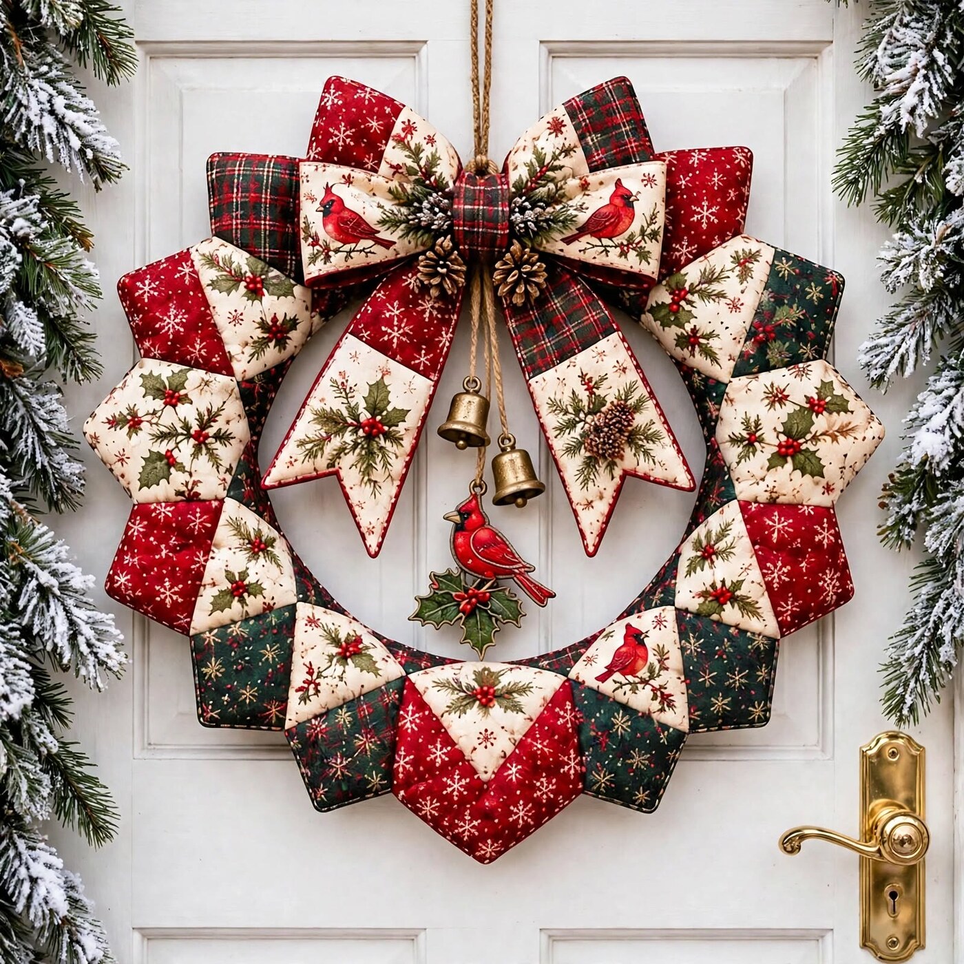 Patchwork cardinal Christmas wreath sewing pattern on a white front door