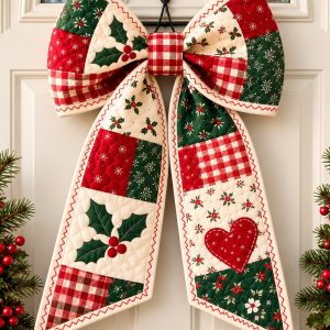 Patchwork Christmas bow sewing pattern hanging on a white front door
