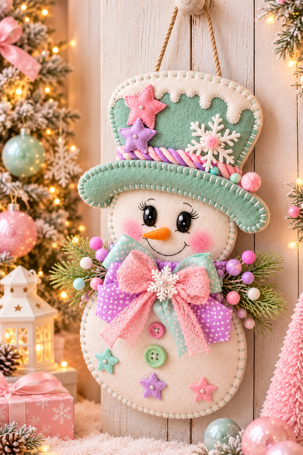 Pink and mint felt snowman Christmas decoration on a wooden wall