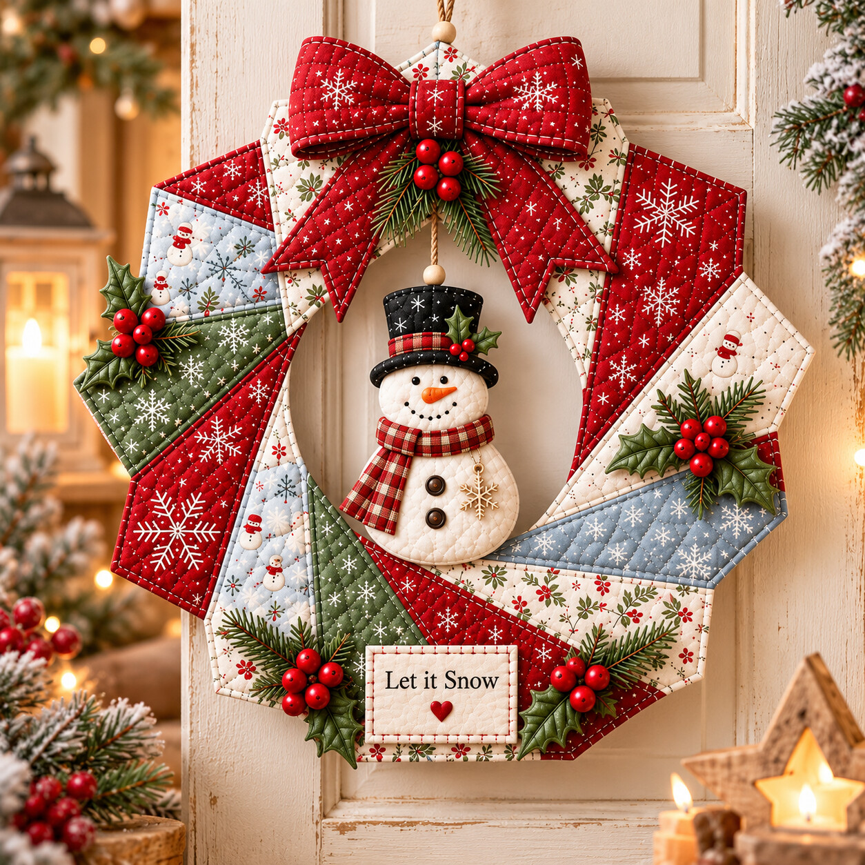Quilted patchwork snowman Christmas wreath on a cream door with candles