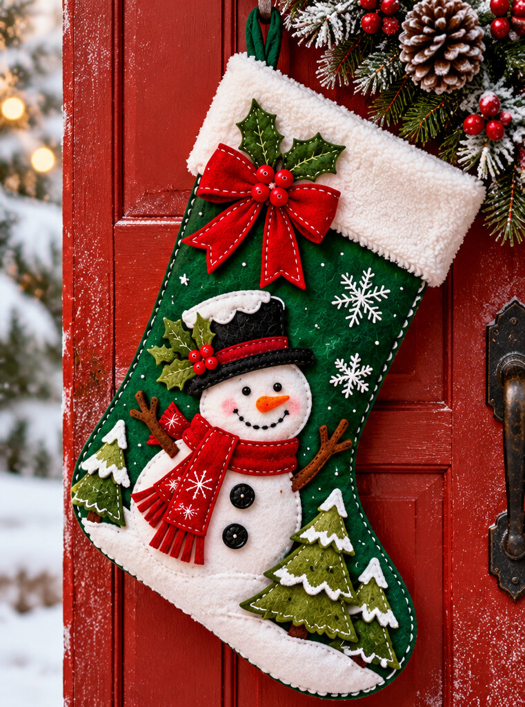 Felt snowman Christmas stocking sewing pattern hanging on a red door