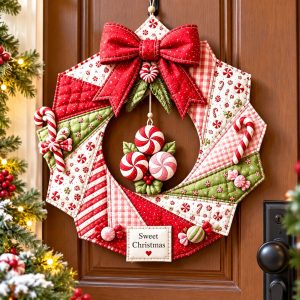 Sweet Christmas candy wreath sewing pattern with red bow and peppermints on a wooden door