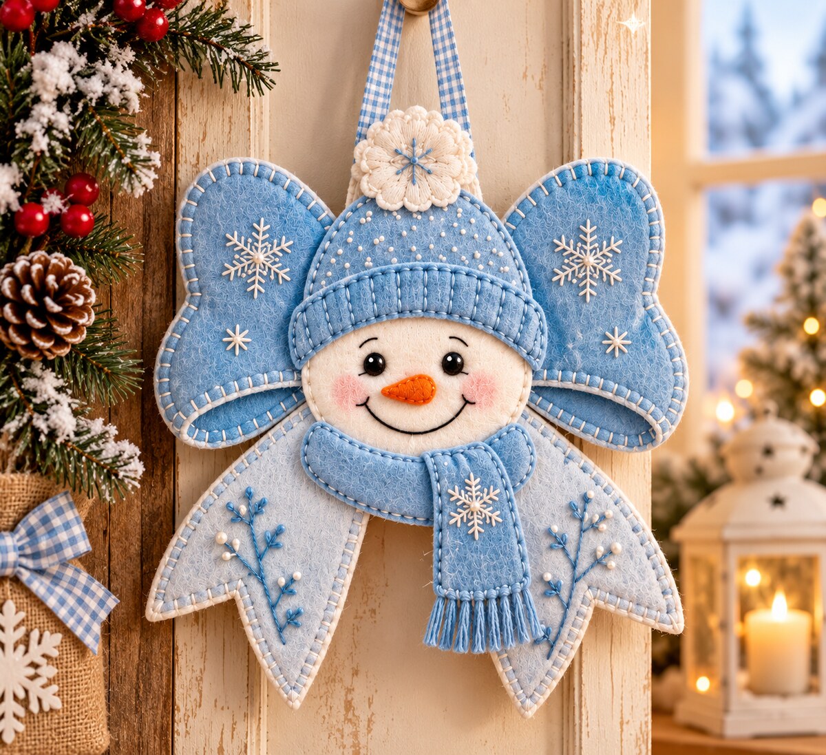 Winter felt snowman hanger on a rustic wooden door