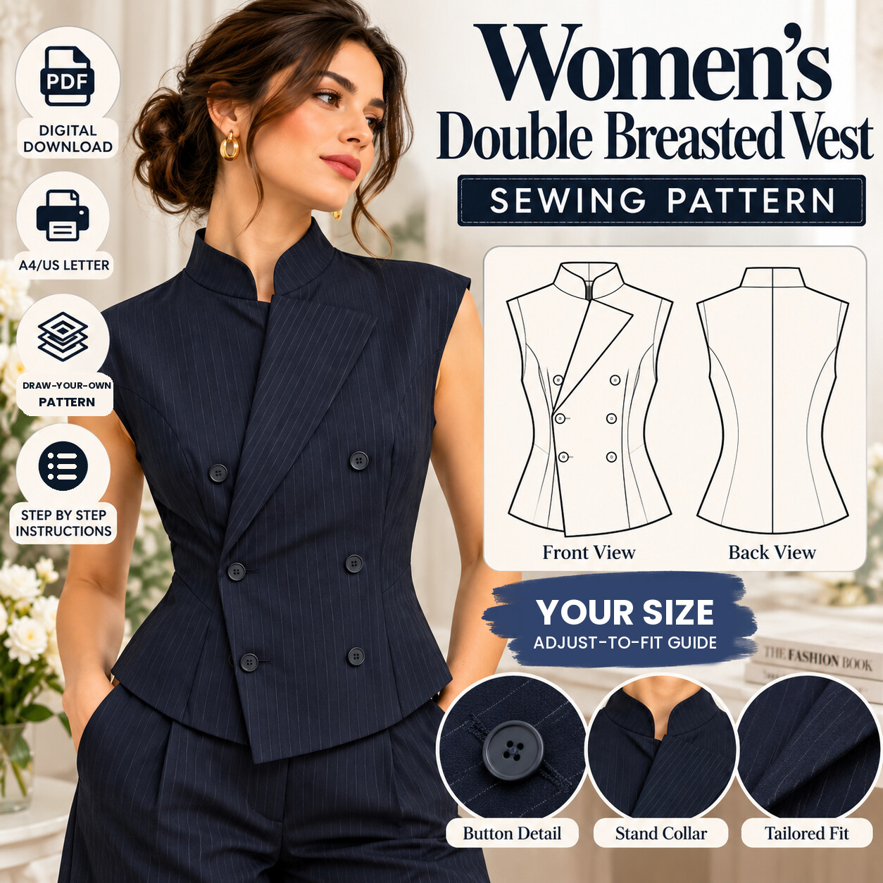 Women's double-breasted vest sewing pattern with mandarin collar, front and back views